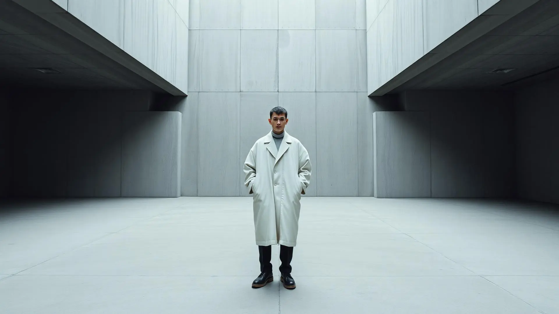 Menswear editorial — minimal outfit in a concrete architectural space